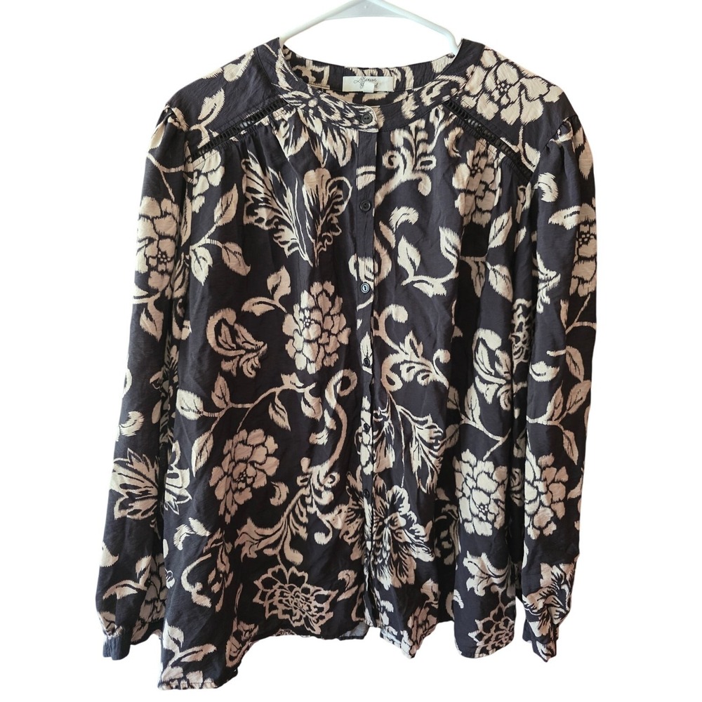 Beacon Apparel Button Front Top 2x Womens Plus Size Black Cottage Core Floral